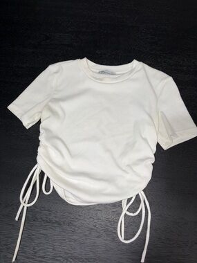 White Ruched Side Tie Tee